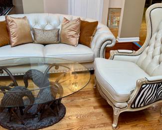 Hancock & Moore Leather Sofa and Chair plus Bronze Table with Swans and Glass Top (A work of Art)