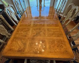 Beautiful Drexel Heritage Dining Table with 8 Hand Painted High Back Chairs and Three 22" W Leaves.