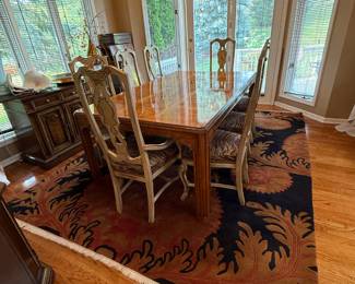 Beautiful Drexel Heritage Dining Table with 8 Hand Painted High Back Chairs and Three 22" W Leaves.