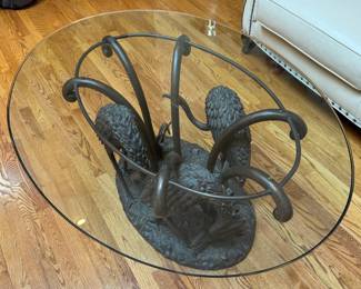 Hancock & Moore Leather Sofa and Chair plus Bronze Table with Swans and Glass Top (A work of Art)