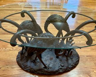 Hancock & Moore Leather Sofa and Chair plus Bronze Table with Swans and Glass Top (A work of Art)