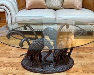 Hancock & Moore Leather Sofa and Chair plus Bronze Table with Swans and Glass Top (A work of Art)