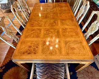 Beautiful Drexel Heritage Dining Table with 8 Hand Painted High Back Chairs and Three 22" W Leaves.
