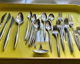 Rogers Bros MCM stainless in a vintage chartreuse serving tray.