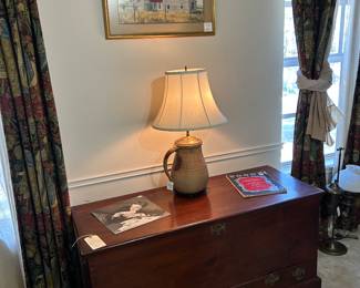 Large dove-tailed Chippendale blanket chest with two lower drawers. Salt glaze pottery lamp conversion with some damage.