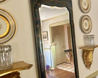 Chinoiserie style  beveled mirror with painted figures, 51" x 22", Pair of Crystal Lusters, Pair of Gold Italian Brackets, Shell design.  