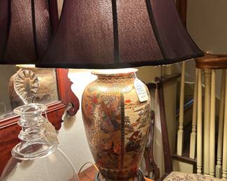 Japanese Satsuma Porcelain Table Lamp, Hand blown Blenko or Royal Leerdam Williamsburg's Pateer decanter with stopper 
