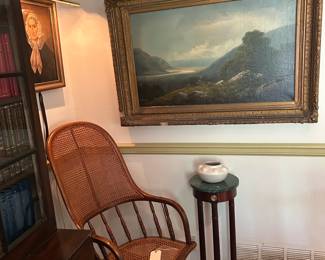 Antique reclining office chair with rattan back and seat (needs TLC), signed pottery by Juanito Sauzo DuBray with shell motif , Bombay & Company style pedestal stand.