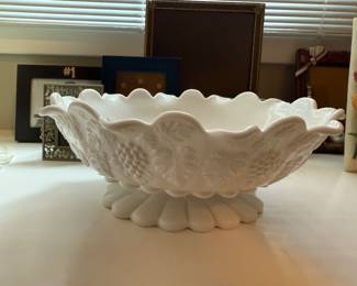 Vintage milk glass grape leaf pattern footed bowl
