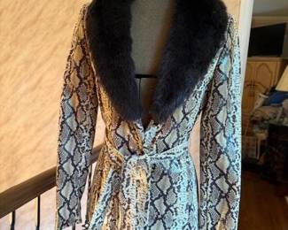 Cache Animal Print Metalic Trench Coat w/ Brown Fur Collar