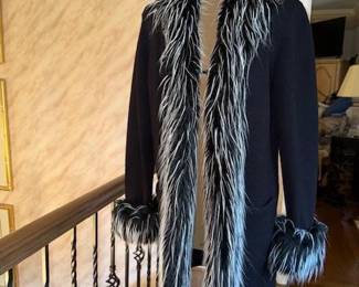 Black Sweater Cardigan w/ Black & White Fringe Fur