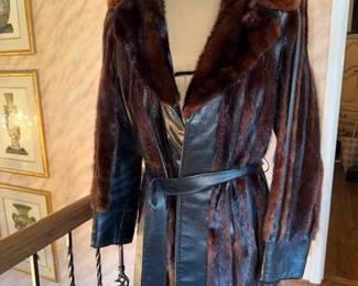 Douglas Fur Black Leather Striped Mink Trench Coat w/ hues of light brown