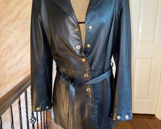 St. John Sport Black Leather Biker Coat w/ Gold Stud Button Details