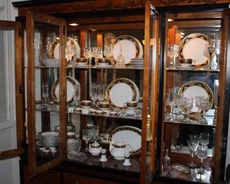 Fine Porcelain by Pegasus China w/ black & gold, and stemware (37pc); 12 dinner plates, 12 salad bowls, 12 dessert plates, 12 cups, 12 saucers, 13.75" platter, teapot, cream, sugar, candle sticks, 9" serving bowl