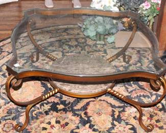 Glass top Coffee Table w/ metal base, large round stretcher 19" x 48" corner to corner