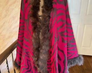 St. John Cape Red w/ Brown Animal Stripe Detail w/ Brown Fur Trim