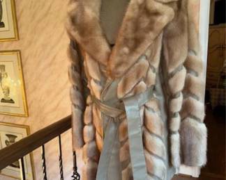 Douglas Furs Taupe Leather Mink Coat Striped with hues of light browns