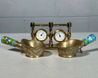 (4pc) MIXED BRASS PIECES | Including: sword toothpick stand with 10 toothpicks, small Chinese brass pieces, and thermometer. - h. 6 x w. 4 x l. 4 in