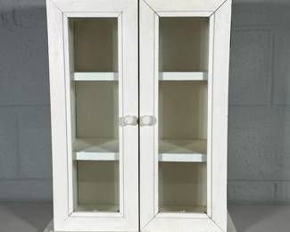 GLASS DOOR MEDICINE CABINET | Carved wood medicine cabinet with 2 doors and 3 split-width shelves - h. 20.5 x w. 16.5 x d. 8 in