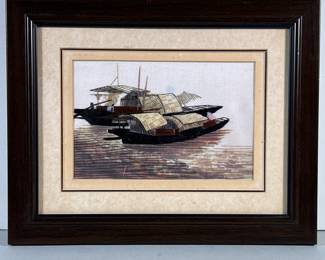 ASIAN EMBROIDERED SILK ARTWORK | Riverboats
Embroidered silk canvas
4.5 x 6.75 in. Sight - h. 9.25 x w. 11.5 in (Frame)