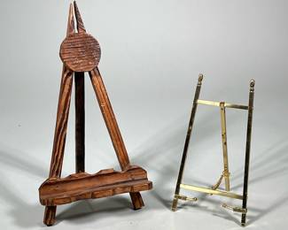 (2pc) EASEL FRAMES | Two tabletop easel/frame stands, including a wood-carved easel and a brass folding easel. - h. 13.5 x w. 7 x d. 6 in (wood easel)