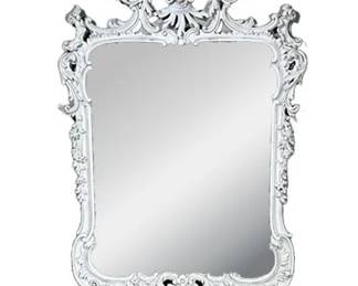CARVED WOOD MIRROR | Painted white, with floral carved decoration border - h. 54 x w. 38 x d. 3 in