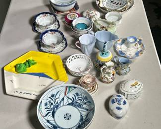 LARGE LOT PORCELAIN | Large lot of mixed porcelain dishes including; plates, bowls, teacups, lidded boxes, small pitchers, bell, and more!