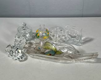 (7pc) MIXED CLEAR GLASS PIECES | Including flattened bottle, miniature vases, paperweights, and more!- h. 1 x w. 4 x l. 11 in