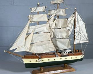 MODEL SAILBOAT | Model 3 masted sailboat on wood stand - h. 17.5 x w. 2.75 x l. 18.5 in