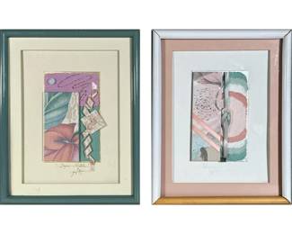 (2pc) PAIR MIXED MEDIA COLLAGE | Pair of signed mixed media framed collage pieces by the same artist, titled, Trapie Pastels and Rica. 11.5 x 8.5 in .Sight. - h. 15 x w. 12 in