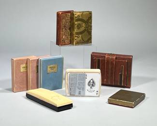 (9pc) Boxed Playing Cards | Including leather, gilt tooled, and other boxed decks of playing cards
Dimensions: h. 1 x w. 3 x l. 8 in (Longest case