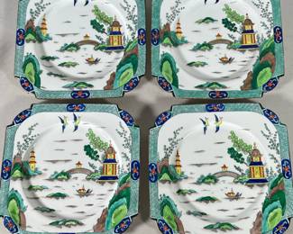 (4pc) AYNSLEY PLATES | Asian decorated plates, marked on back “Aynsley England / Rich & Fisher 5th Ave New York” - w. 8.5 x l. 8.5 in