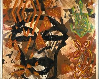 ANDRE LENOUX (20TH/21ST CENTURY) OIL PAINT POP ART | Basonse Tribe. Oil on canvas. Signed lower right, titled on verso. 24 x 24 in. Stretcher - h. 25 x w. 25 in (frame)