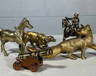 (5pc) BRASS ANIMAL & OTHER FIGURINES | Including: dog, horse, fox, cavalry solider, and cannon
Dimensions: h. 3.5 x w. 2 x l. 8.5 in (Fox)