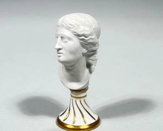(1pc) 19th Century Furstenberg Germany Miniature Biscuit Porcelain Bust | Miniature biscuit bust of a French noble, factory mark to base - h. 3.5 x w. 1.5 x d. 1.5 in