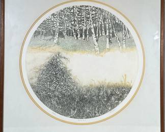 Ruth Leaf (20TH/21ST CENTURY) Lithograph | Birches. Penciled artist proof bottom. Penciled signature bottom right. - 21.75 in diameter sight.