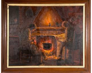 Enrico Tavino Signed & Dated Heart Oil Painting | Depicts family by fireplace in home, child sleeping in mother's lap, mother knitting, father reading. Signed and dated lower left - h. 23 x l. 28 in