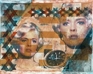 ANDRE LANOUX (20TH/21ST CENTURY) POP ART |
Clock abstract. Painted paper mounted to canvas. Print signed lower right, signed on frame and verso
- h. 24 x w. 30 in