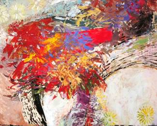 SIGNED ABSTRACT STILL LIFE | Floral still life
Oil on paper. 27.5 x 21.5 in. Sight. Signed indistinctly lower right, unframed with foam board backing - h. 40 x w. 32 in (foam board)