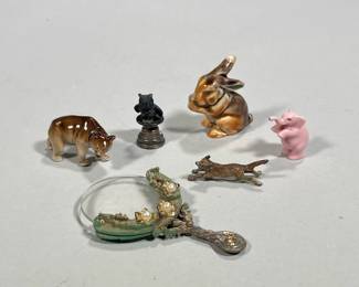 (6pc) Small Objects & Small Magnifying Glass | Rabbit, bear and elephant small porcelains. An owl and dog in metal. Metal magnifying glass with pearls. A couple marked Germany. - h. 2 x w. 1.5 in (Rabbit)