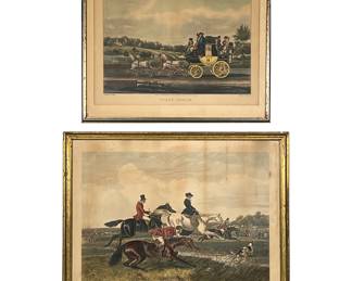 (2pc) ENGLISH COLOR ENGRAVINGS | Including Stage Coach print by J. Pollard & F. Rosenberg (12.5 x 17.5 in. sight), and J. F. Herring's Fox Hunt by J.F. Herring Sr. (17 x 22 in. sight) - w. 19.25 x l. 24.25 in (Fox Hunt)