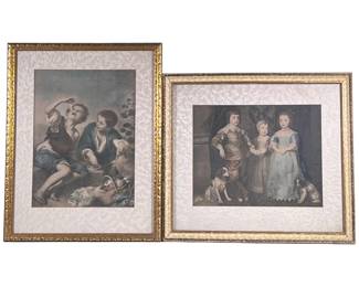 (2pc) VICTORIAN CHILDREN PRINTS | Including: The Three Eldest Children of Charles I by Anthony van Dyck and Children Eating a Tart by Bartolomé Esteban Murillo. Set of 2 different framed prints showing Victorian children with dogs; both 12 x 9.5 in. Sight - h. 15.5 x w. 17.5 in (larger frame)