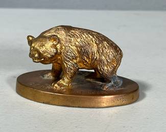 GOFFE & CARKENER CO BRASS BEAR | Brass bear figurine paperweight from Goffe & Carkener Co, with clover & bee on bottom - h. 2 x w. 2.5 x l. 4 in