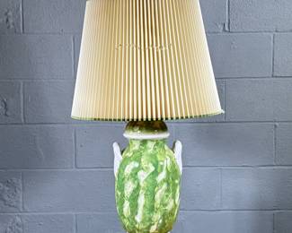 GREEN LIDDED VASE LAMP | Drilled lidded vase lamp with handles - h. 32 x dia. 8 in (w/o shade)