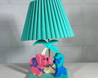 CHILD'S ANIMAL LAMP | Colorful carved animals on a palm tree form lamp - h. 17 x w. 9 x d. 7.5 in