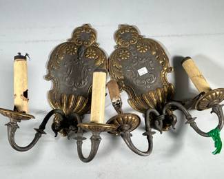 (2pc) ELECTRIFIED CANDLE SCONCES | Pair of metal wall sconces with faux candle electrics and gilt metal accent - h. 17 x w. 12 x d. 8 in