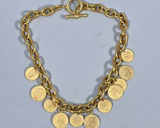 BRASS COIN NECKLACE | Mixed metal necklace with 11 alternating mixed metal antique style coin pendants - l. 19 in