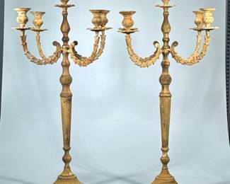 PAIR PATINATED METAL CANDELABRA | 2 pc patinated metal candelabra; intricate design. Having four arms and a central cup. - h. 28 x dia. 22 in