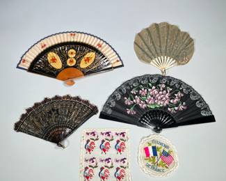 (6pc) Fans And Doilies | Four fans made of bone or wood. Two are beaded and the others painted. Excellent condition! Souvenir French doilies included.
Dimensions: h. 9 x w. 16 in (Largest fan when opened.)