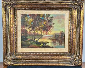 Painting - Landscape "Japanese Garden" | Japanese Garden. Framed painting of a landscape featuring striking oil paint colors in the foliage and skyline. Signed by artist. Frame made in Japan - h. 15 x w. 16.75 in
